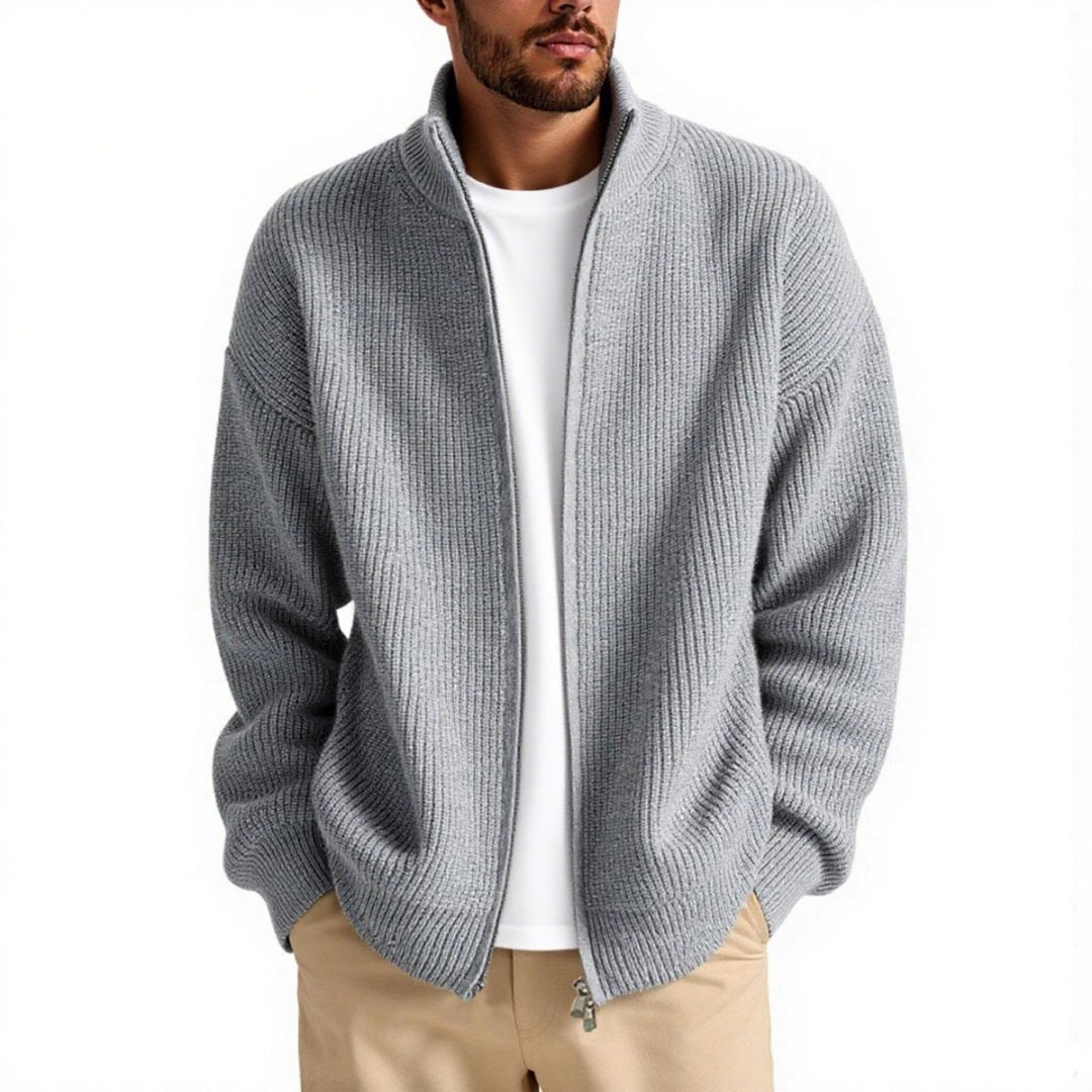 Men's Knit Cardigan With High Collar And Zip Front Street-Wave Premium Warmth For Modern Men