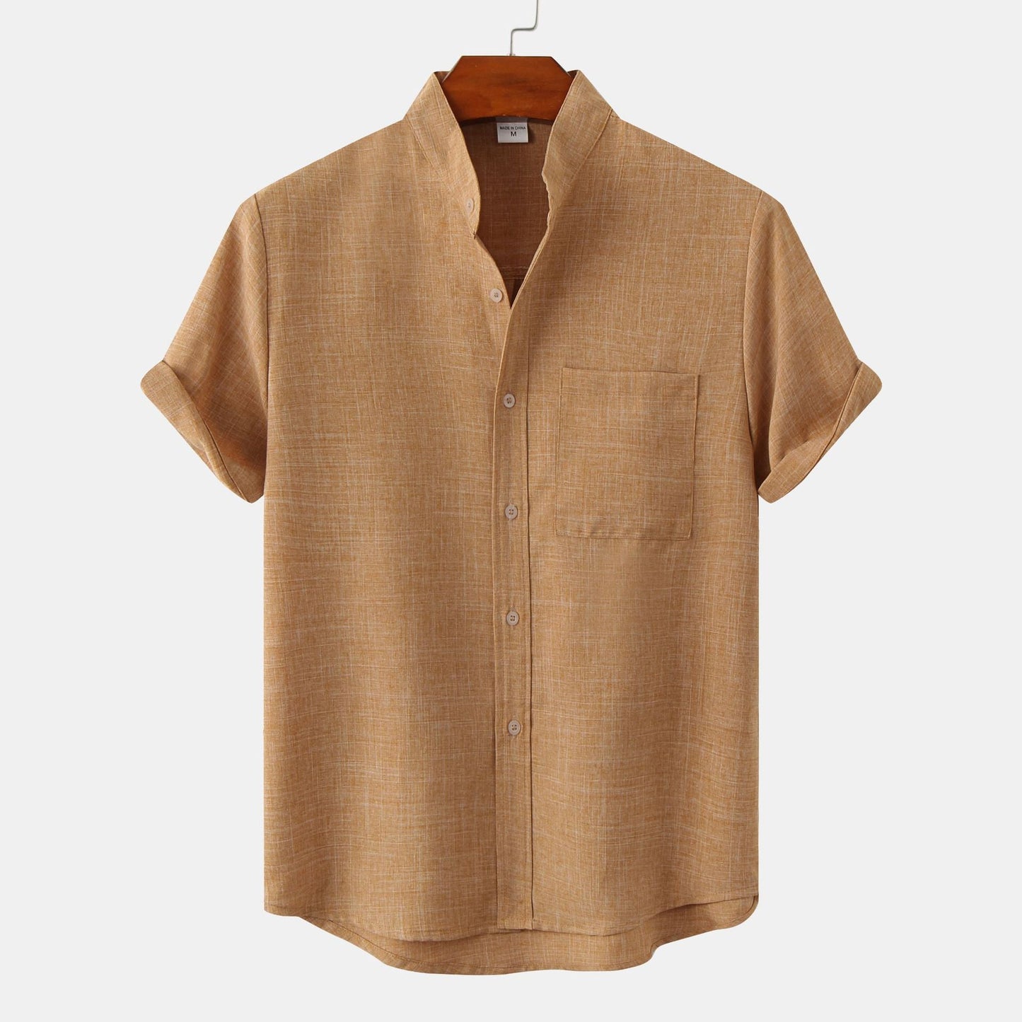 Street-Wave Men's Short Sleeve Shirt With Modern Stand Collar And Chest Pocket For Smart Casual Wear