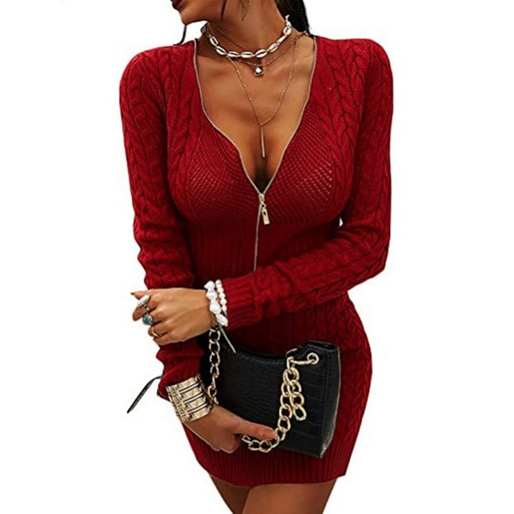 Street-wave Zip Front Knit Dress For Women Flattering Long Sleeve Sweater Dress Chic Everyday Essential