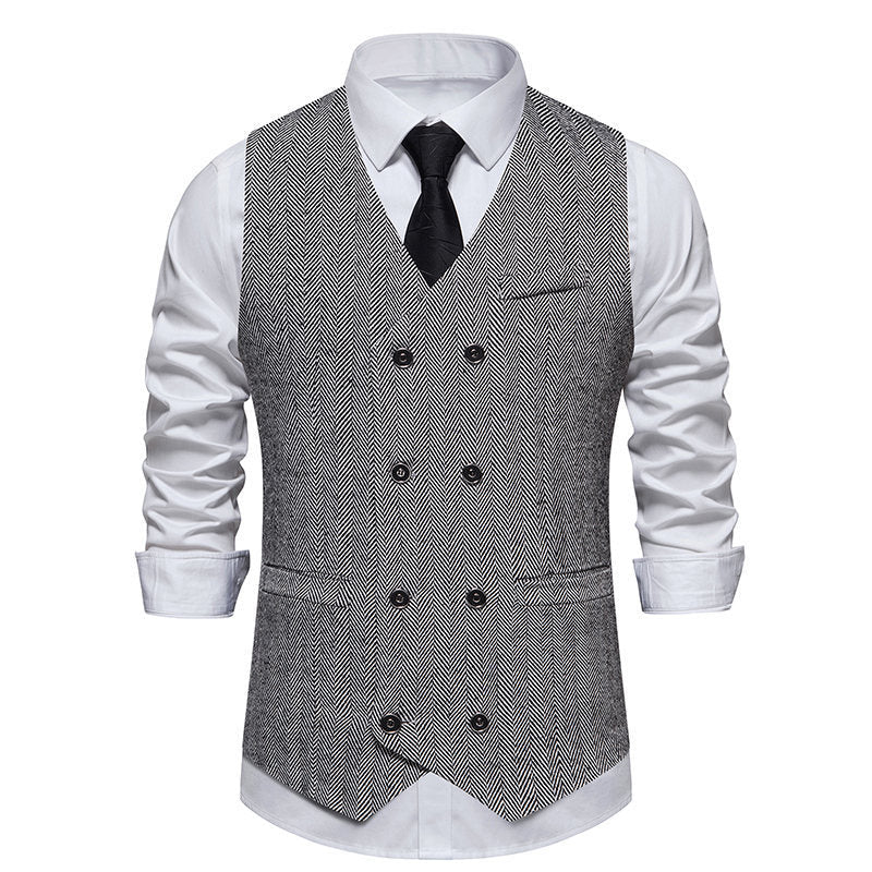 Streetwave Herringbone Waistcoat Mens Elegant Formal Wear Double Breasted Six Button Front