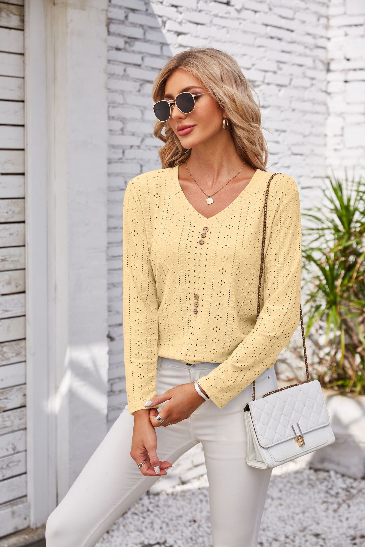 Streetwave Women Airy Eyelet Blouse With Button Details Lightweight Breathable For Warm Days
