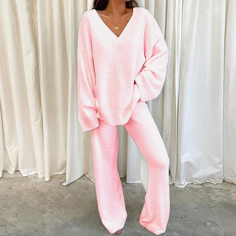 Street Wave Women Cozy V Neck Knit Jumpsuit With Wide Leg For All Day Comfort And Relaxed Style