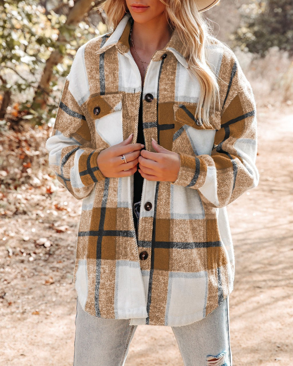 Street Wave Women Plaid Flannel Jacket With Chest Pockets Cozy Versatile Transitional Outerwear