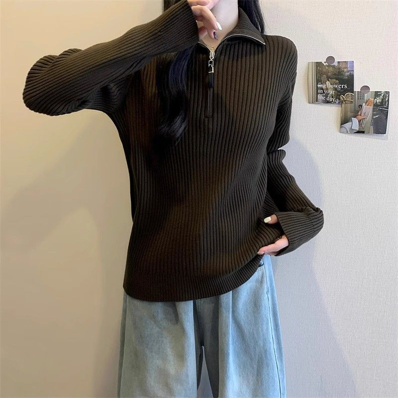 Street-wave Women's Ribbed Zip Neck Pullover With Stand Collar Luxurious Cozy Knit