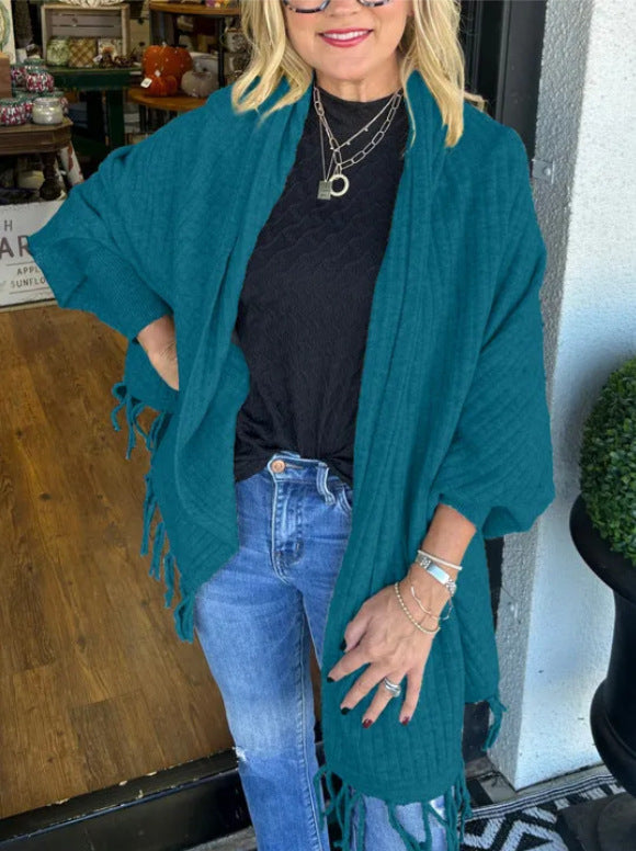 Street-Wave Women's Versatile Fringed Poncho Soft Cotton Cozy All-Season For Trendy Women