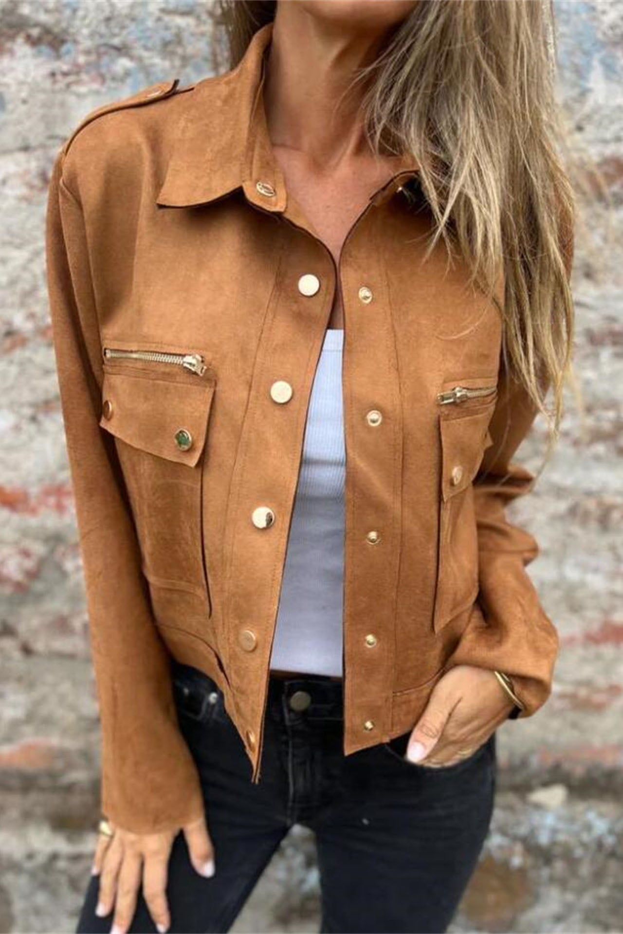 Street-Wave Metal Zip Lapel Jacket For Streetwear Fans Olive Green Long Sleeve Outerwear