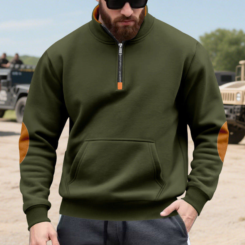 Street Wave Men's Hoodie With Stand Up Collar And Contrast Elbow Patch Details For Modern Comfort