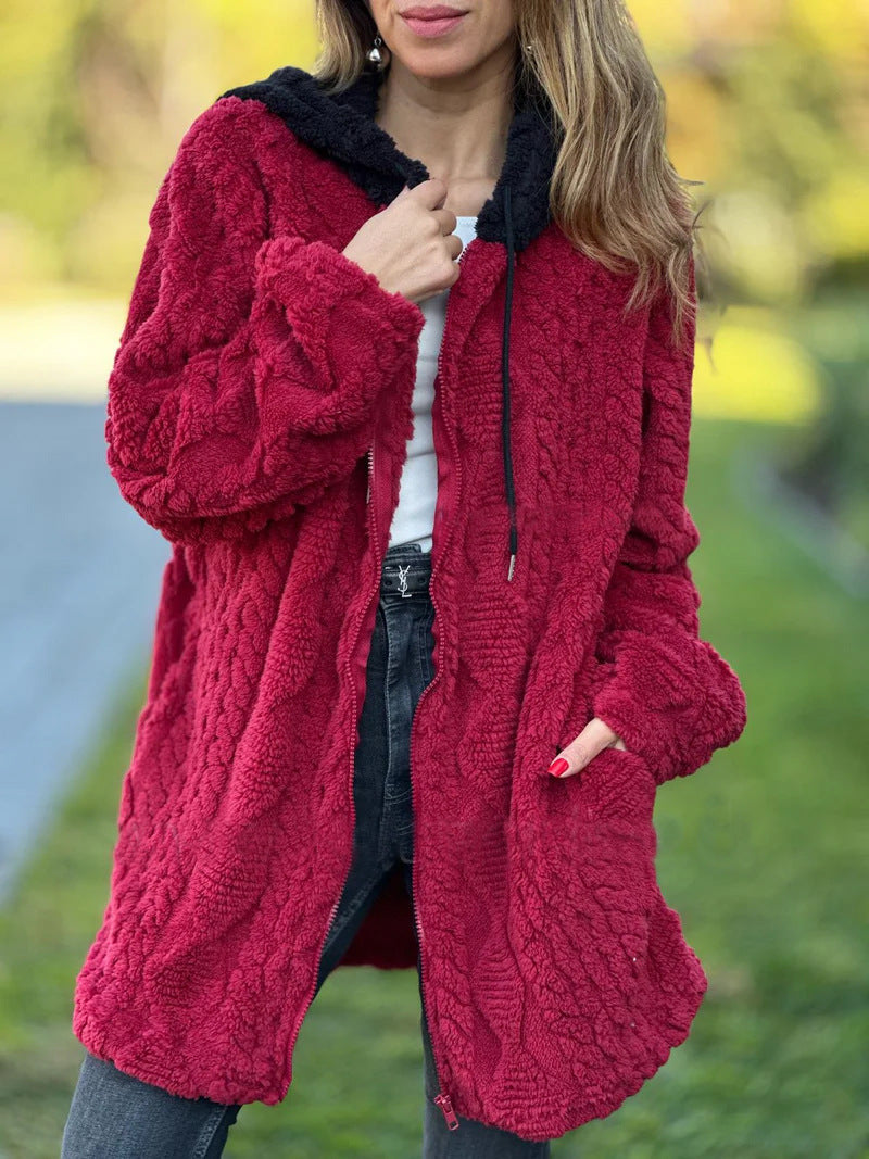 Street-Wave Fur Lined Hooded Knit Coat For Women Cozy Vintage Jacket With Zip Front