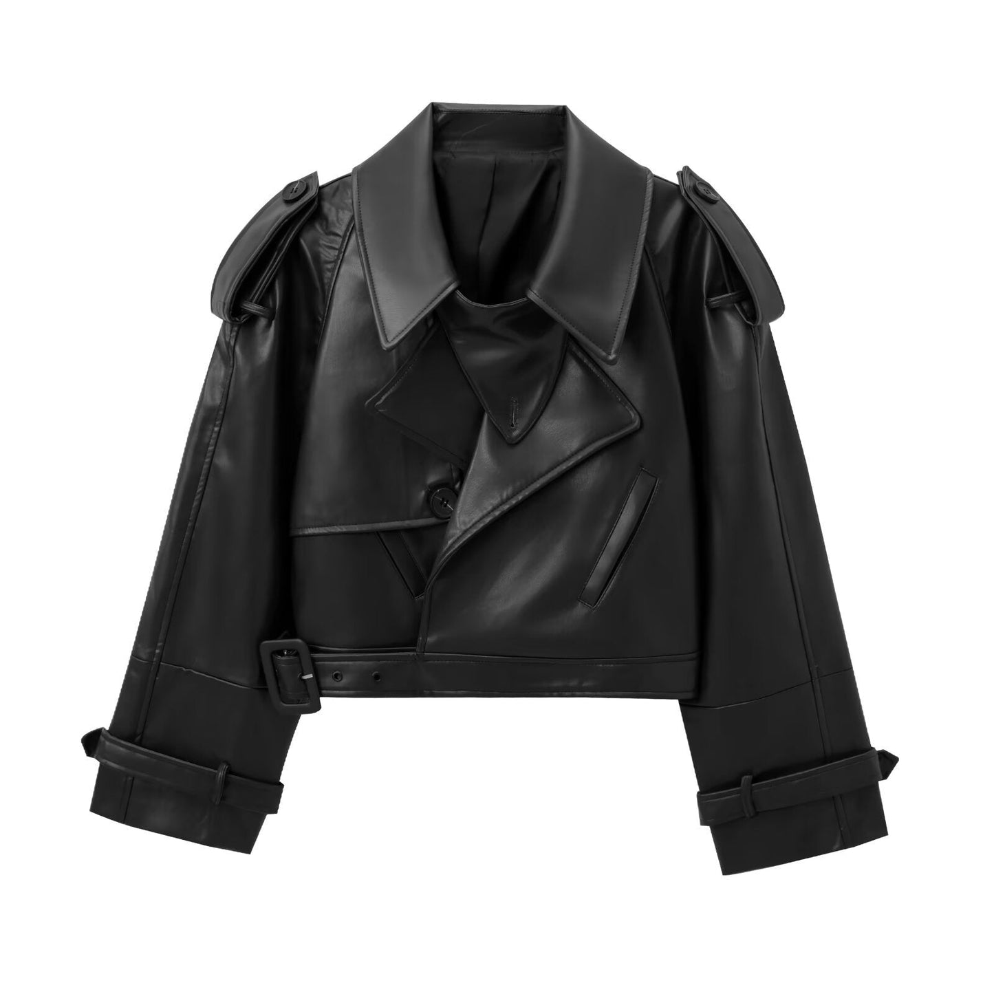 Street-Wave Women's Faux Leather Jacket With Tailored Fit And Oversized Collar Chic Outerwear