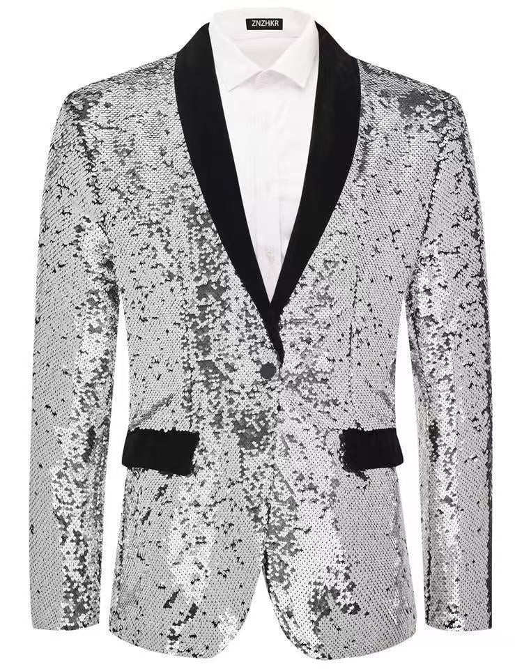Street-wave Mens Sequin Smoking Blazer With Satin Lapel Glamorous Party Wear For Men