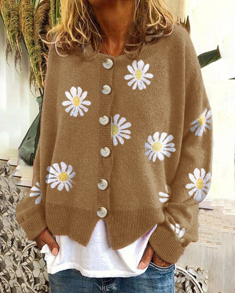 Streetwave Floral Cotton Cardigan For Women With Daisy Print Cozy Spring Knitwear
