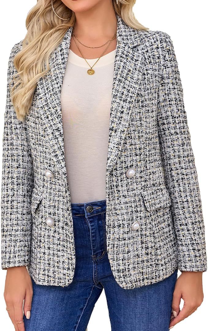 Street-wave Womens Tweed Blazer Double Breasted Chic Elegant Versatile For Office And Evening
