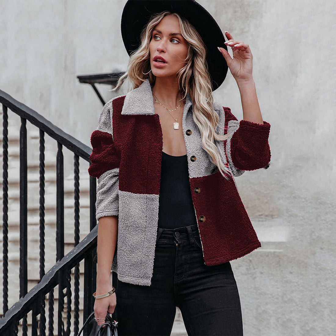 Womens Cozy Teddy Jacket With Statement Collar Street-wave Chic Warmth For Women