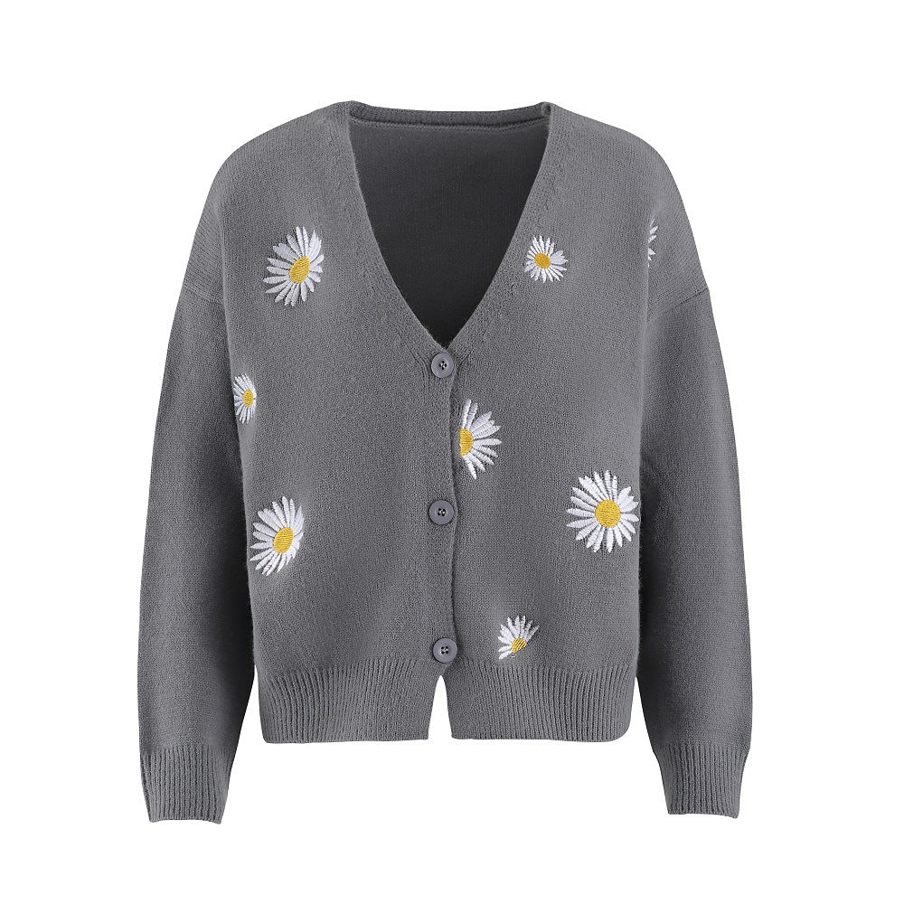 Floral Embroidered V Neck Cardigan For Women Cozy Cotton Street-wave Versatile Everyday Wear