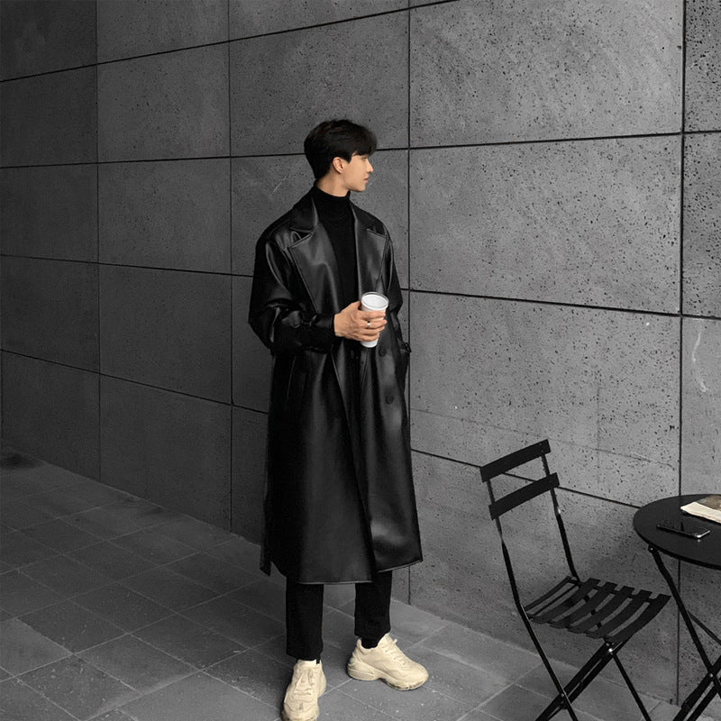 Street Wave Premium Faux Leather Long Trench Coat For Men With Elegant Cut Urban Style