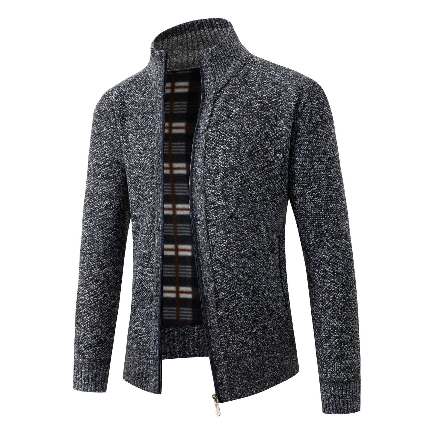 Street Wave Mens Knit Cardigan With Modern Stand Collar And Soft Inner Plaid Lining For Everyday Style