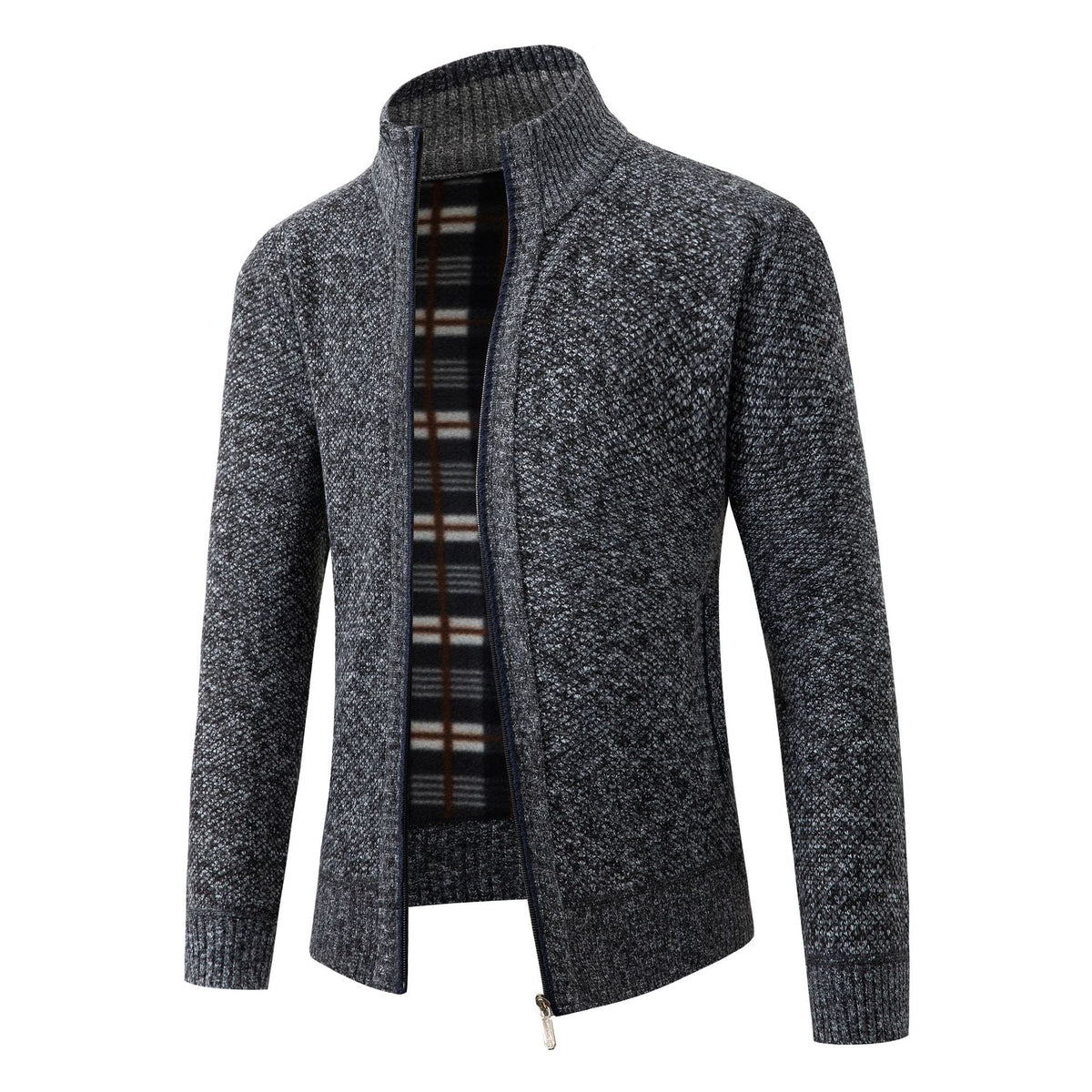 Street Wave Mens Knit Cardigan With Modern Stand Collar And Soft Inner Plaid Lining For Everyday Style