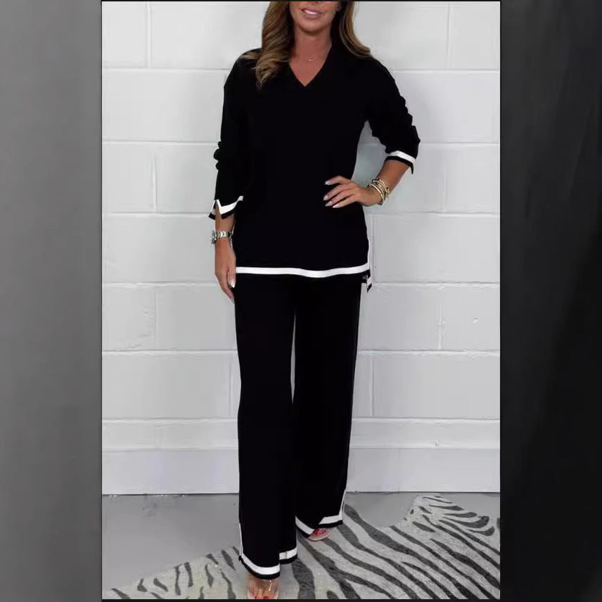 Street Wave Women's Loose Fit Knit Set With Wide Silhouette And Elegant Contrast Trim For Casual Comfort