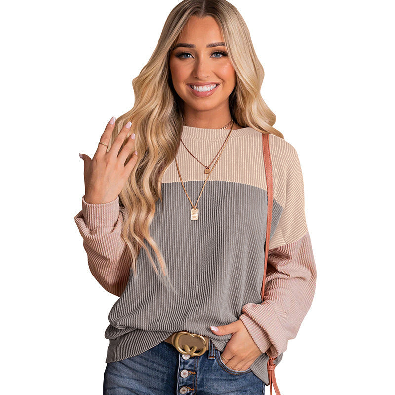 Street-Wave Women's Ribbed Knit Sweater With Color Block Casual Cozy Pullover For Women