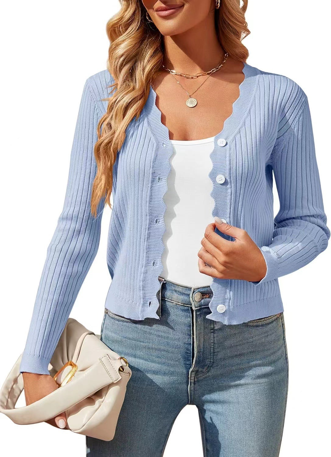 Street Wave Women Elegant Cardigan With Wavy Edge Knit Lightweight Chic Comfort Everyday