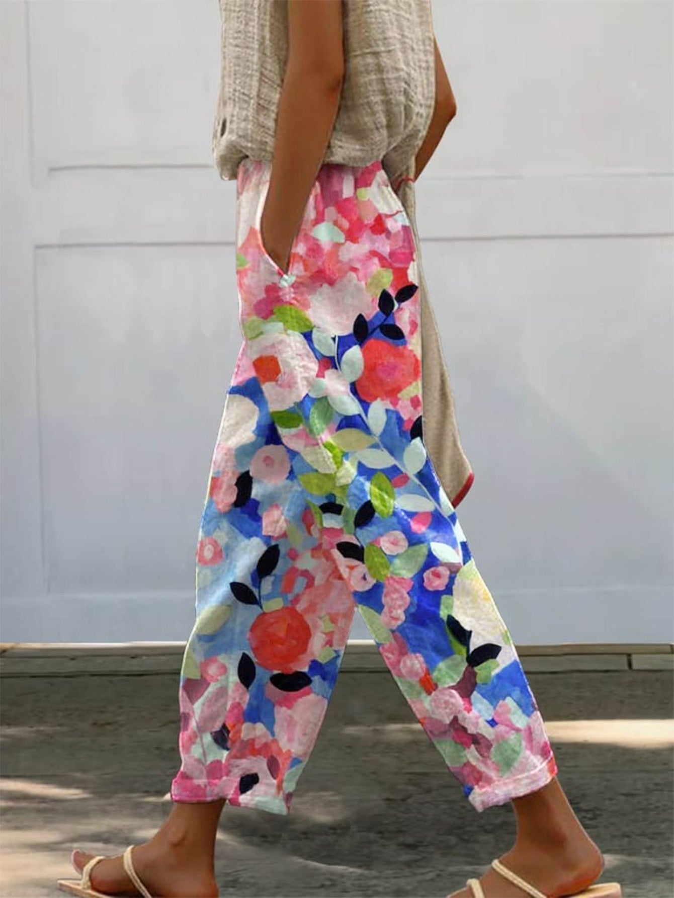 Street-Wave Women's Floral Wide-Leg Summer Pants With Pockets Breathable Lightweight Comfort