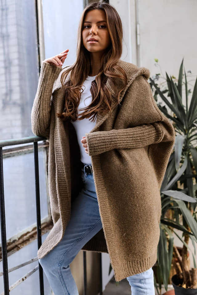 Cozy Knit Cardigan With Hood Open Front For Women Street-Wave Oversized Soft Warmth And Style