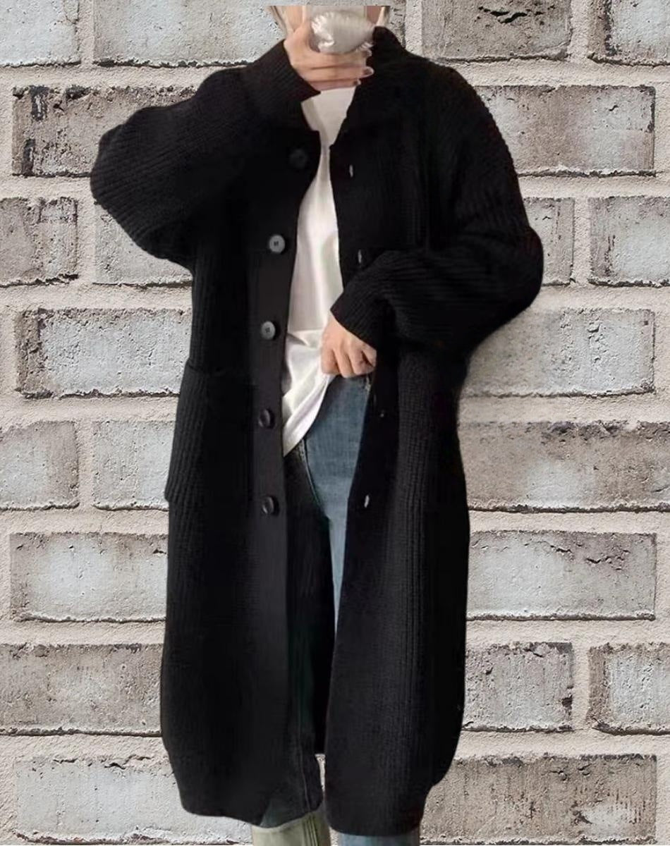 Street-Wave Longline Knit Cardigan For Women With Button Closure And Patch Pockets