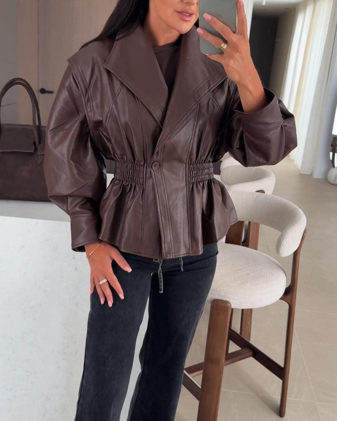 Street Wave Cropped PU Leather Jacket With Lapel Collar Elastic Waist For Women Statement Piece