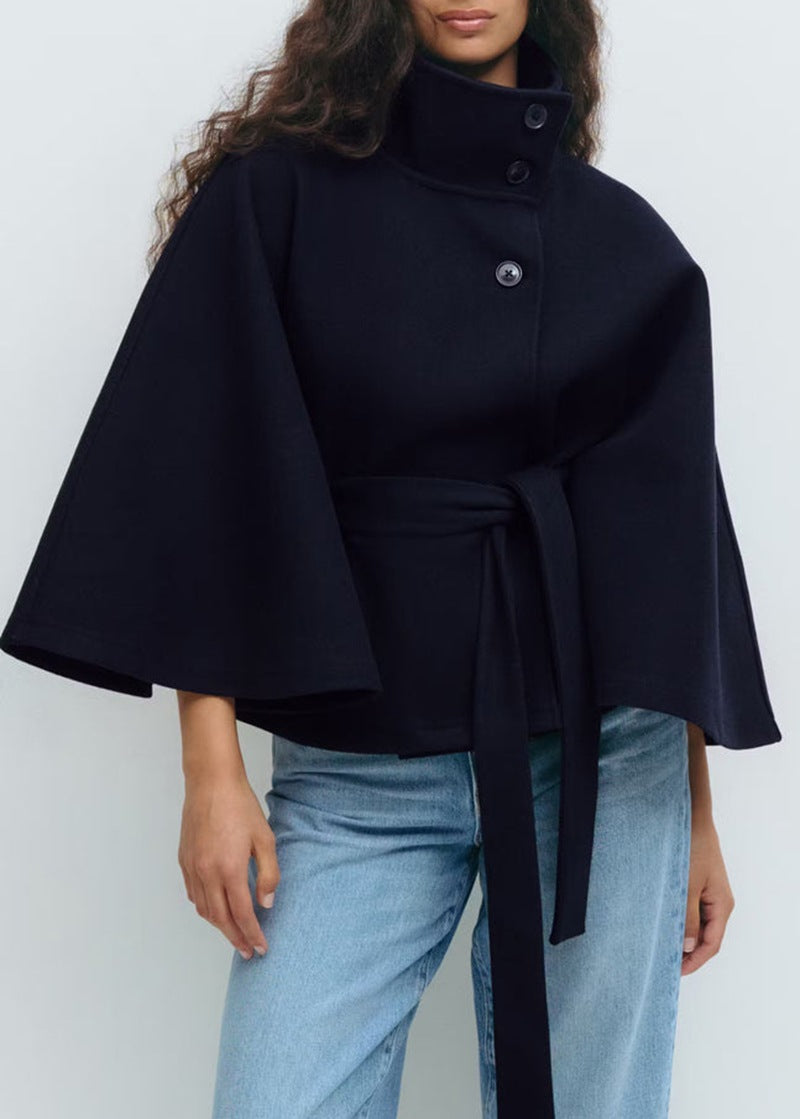 Street-wave Womens Wool Coat With High Collar Belted Cape For Modern Cozy Winter