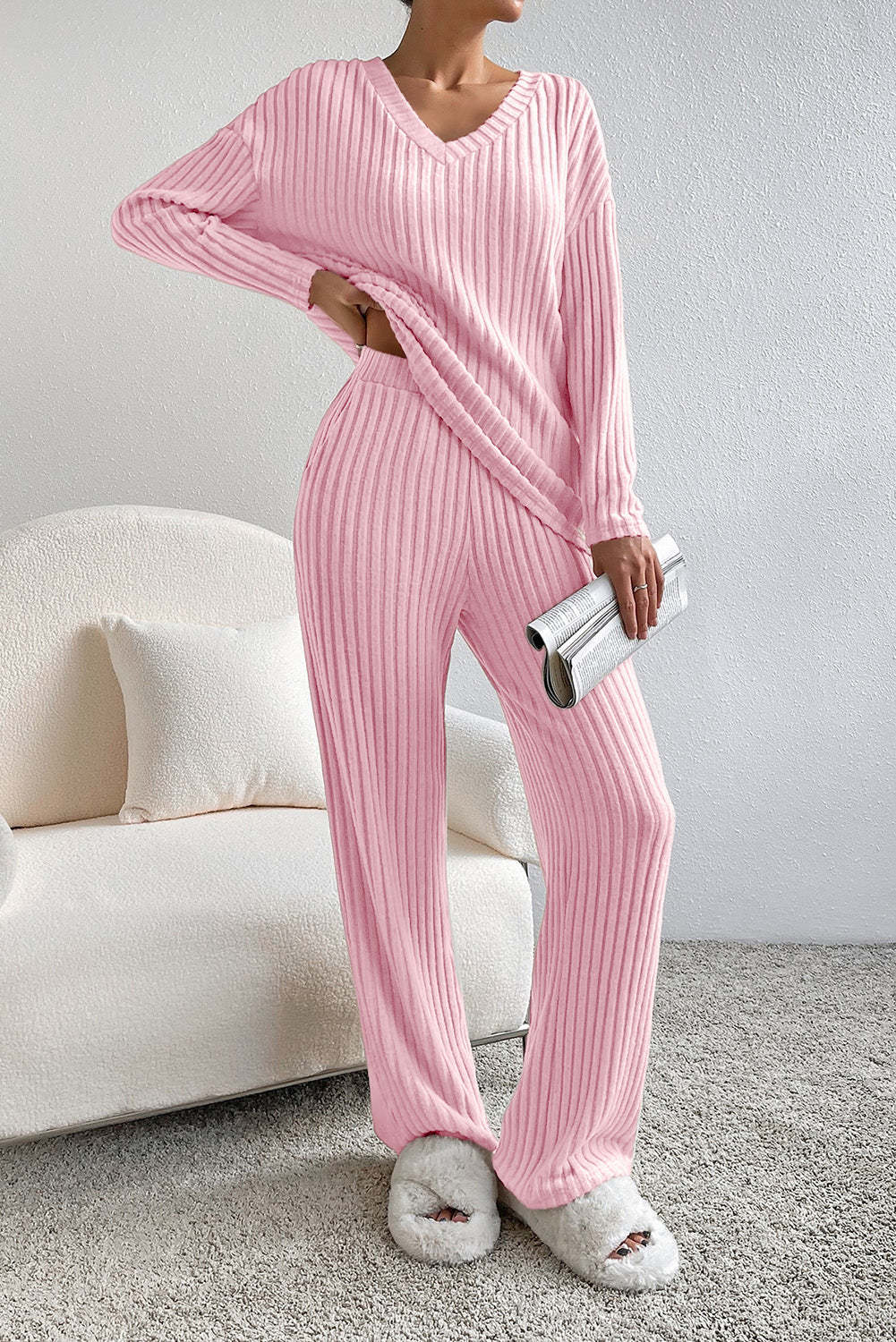 Street-Wave Womens Ribbed Lounge Set Ultra Cozy 2-Piece With Oversized Top And Pants