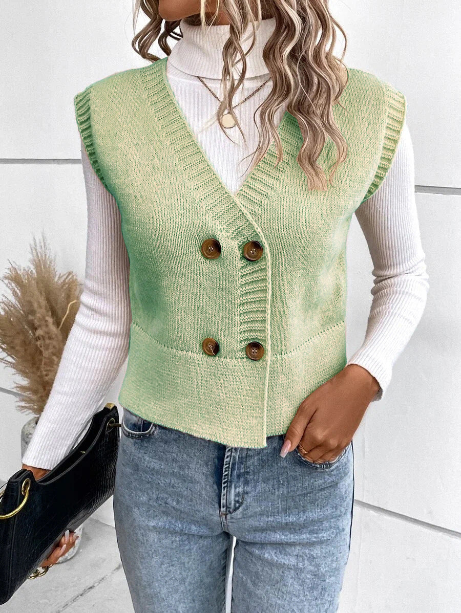 Street-Wave Women's Knit Vest With Double Button Placket And V-Neck For Layering