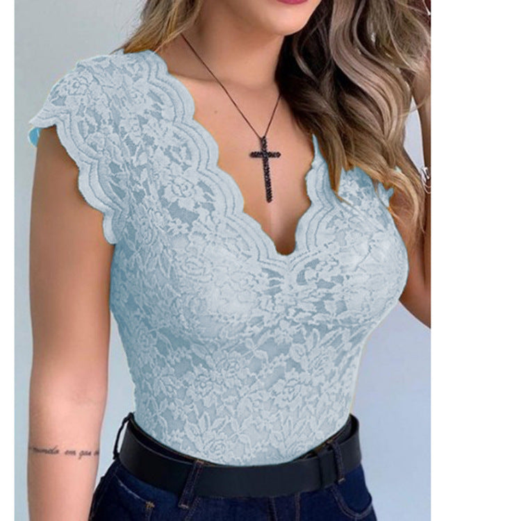 Street Wave Lace Bodysuit Women Deep V Neck With Ruffle Sleeves Elegant Evening Top