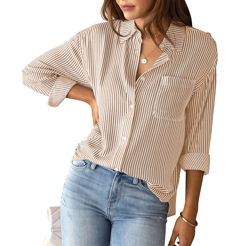 Street-Wave Womens Striped Button Down Blouse With Chest Pocket Breathable Everyday Shirt