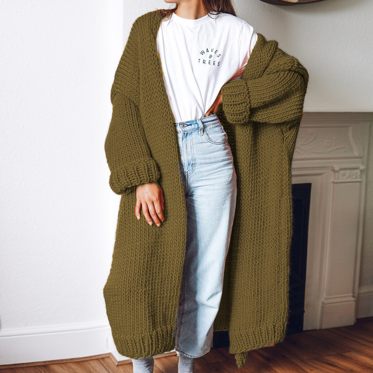 Street Wave Womens Chunky Knit Cardigan Coat With Open Front And Deep Pockets For Comfort