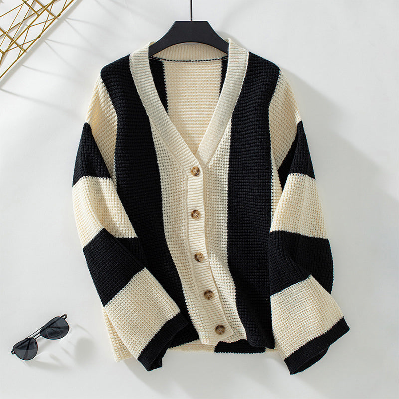 Street-wave Striped Knit Cardigan For Women Cozy Cotton Acrylic Blend Button Front
