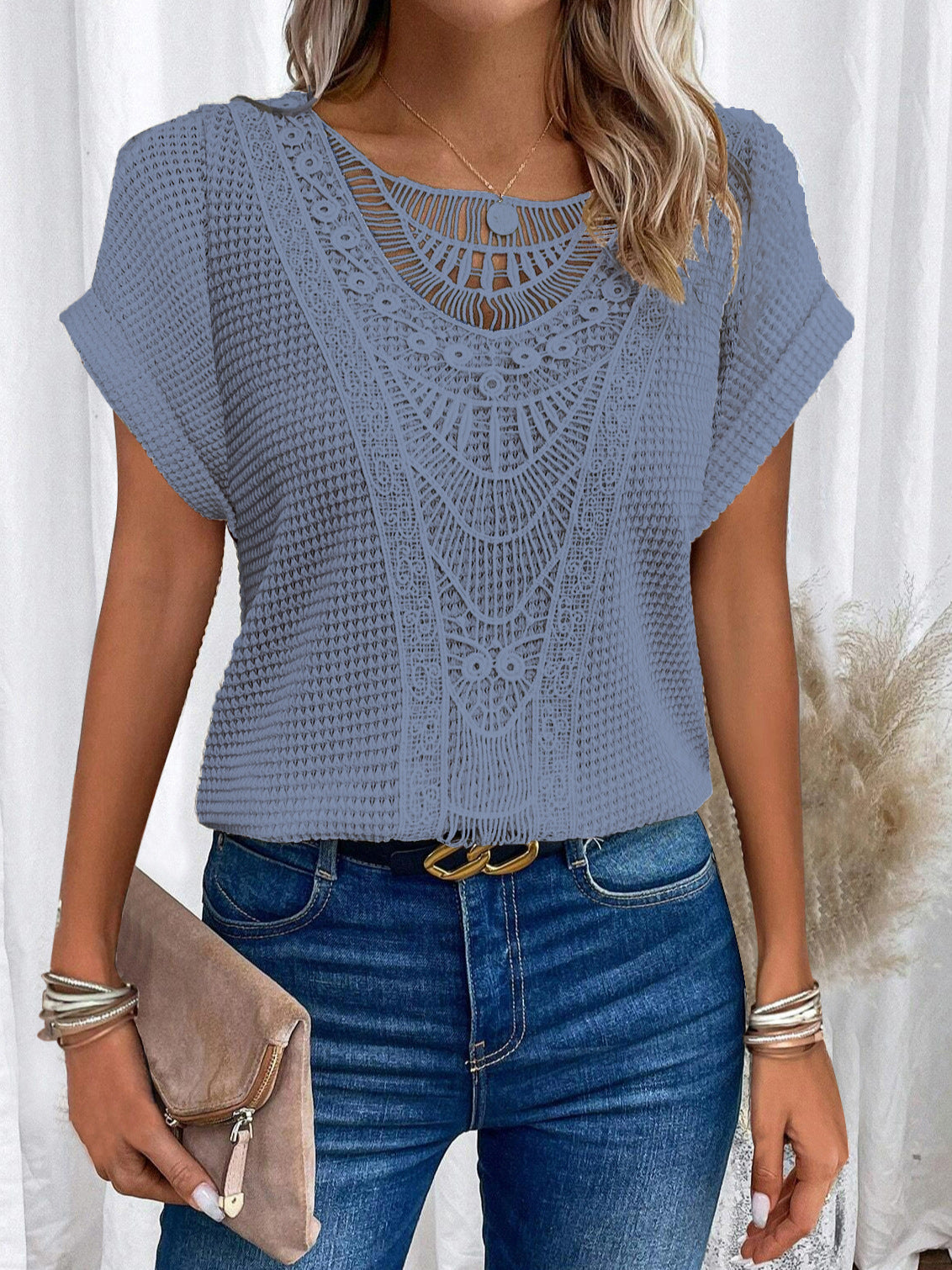 Womens Black Crochet Lace Top With Intricate Pattern And Relaxed Fit Street Wave
