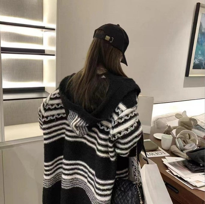 Streetwave Hooded Knit Coat For Women With Striped Pattern Cozy Yet Chic Outerwear
