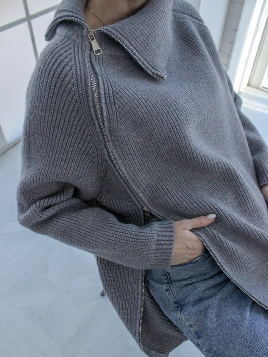 Street Wave Warm Diagonal Zip Knit Jacket For Women Cozy Stylish Winter Layer With Comfort