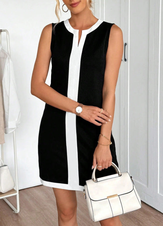 Street-wave Women's Summer Sheath Dress With Contrast White Panels Flattering Silhouette For Fashion-Forward Professionals