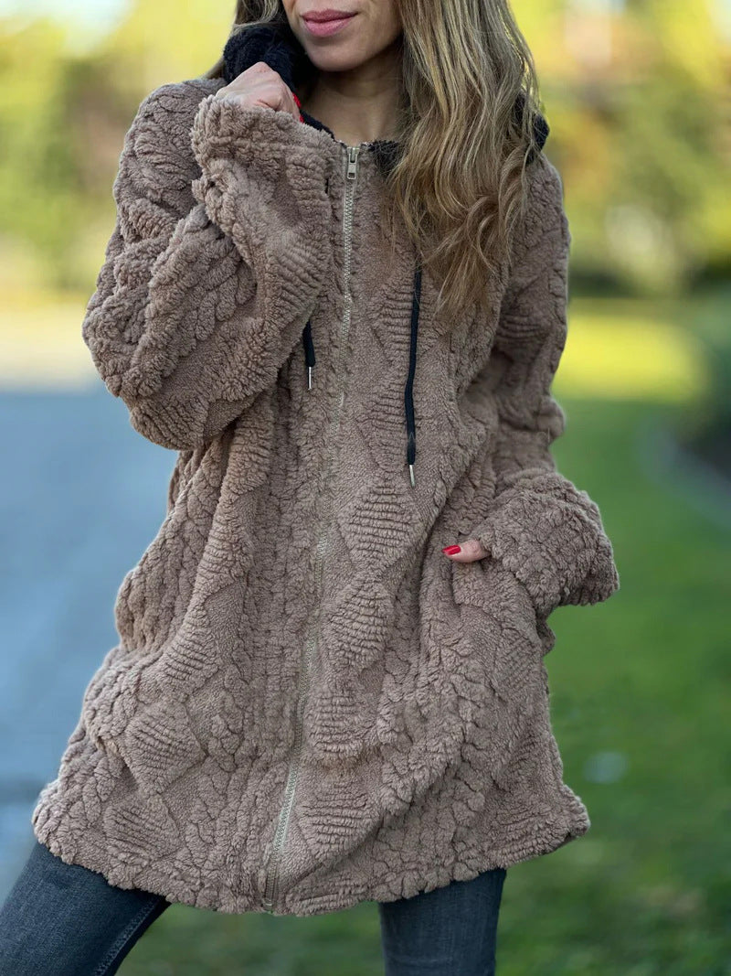Street-Wave Fur Lined Hooded Knit Coat For Women Cozy Vintage Jacket With Zip Front