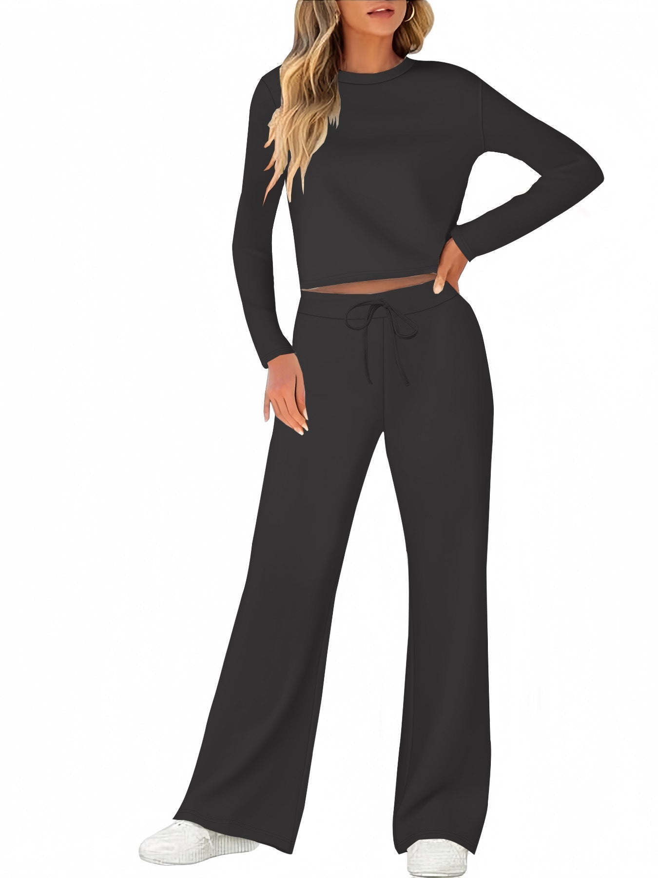 Street-Wave Women's Comfortable Wide-Leg Lounge Set With Long Sleeves For Relaxed Homewear