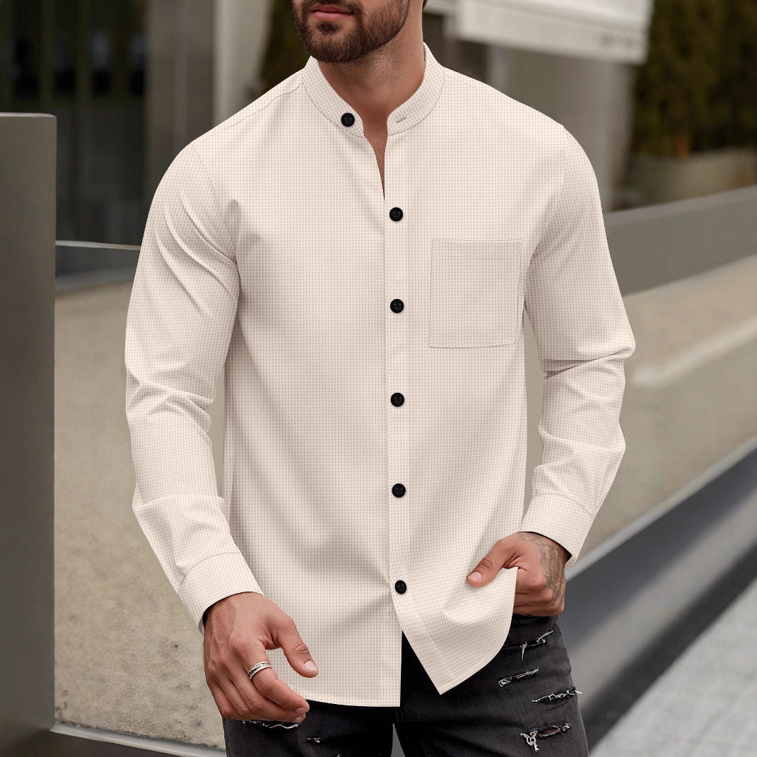 Street-Wave Men's Long Sleeve Shirt With Stand Collar And Chest Pocket For Modern Men