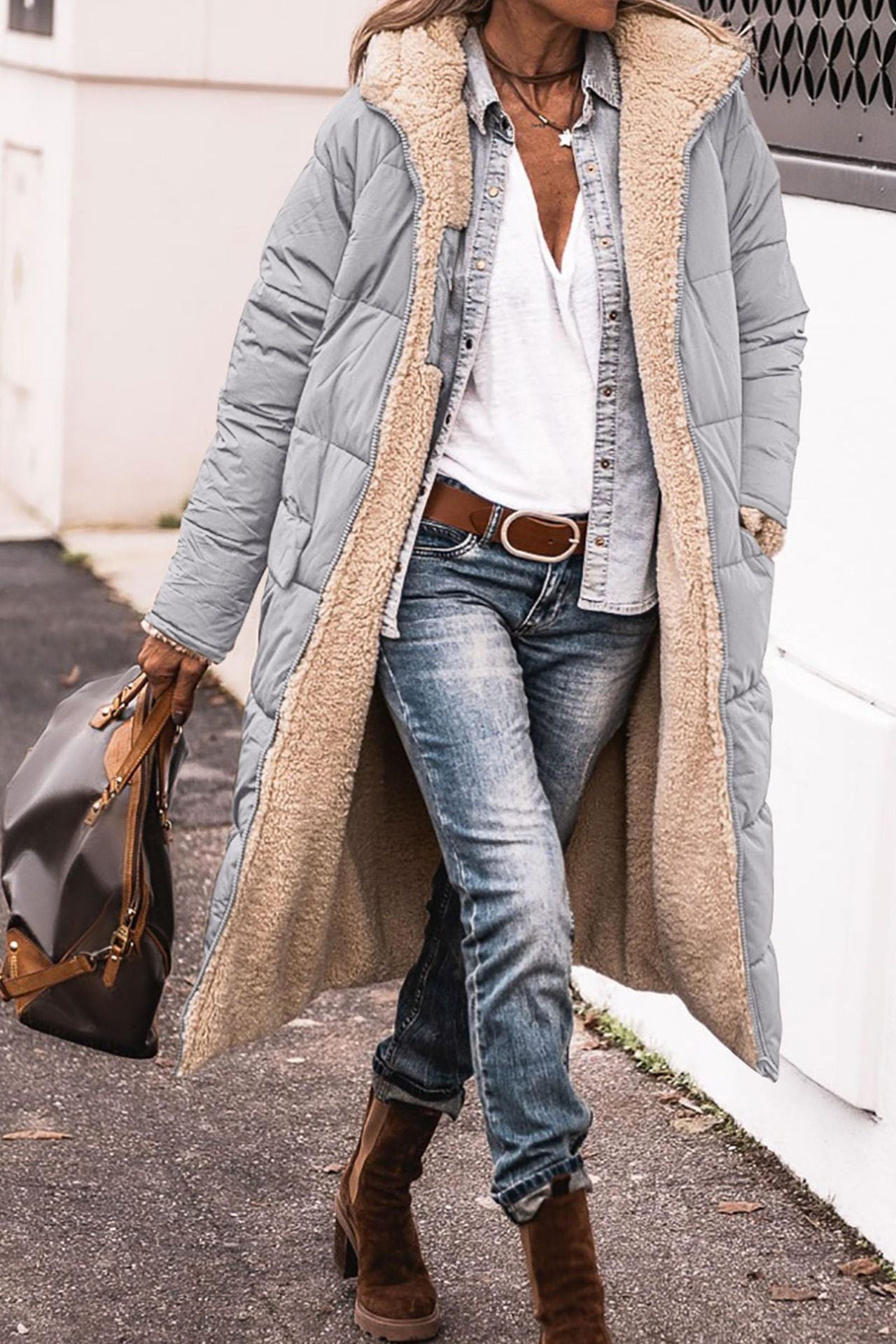 Street-Wave Women's Long Winter Coat With Plush Sherpa Lining For All Day Warmth