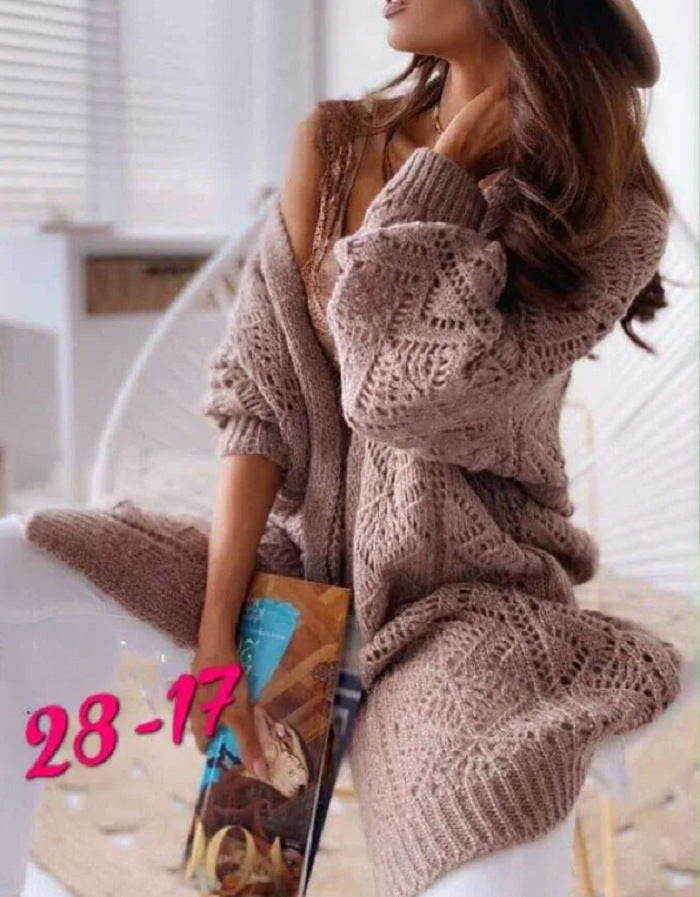 Street-wave Women's Oversized Knit Cardigan With Ajour Lace Pattern For Cozy Luxury And Everyday Wear