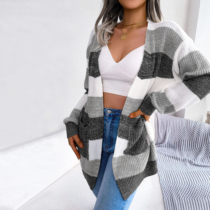 Street Wave Striped Knit Cardigan For Women With Pockets Cozy Oversized Casual Wear Soft Cotton Acrylic Blend