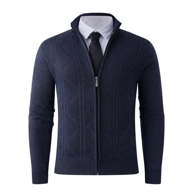 Street-Wave Men's Knit Cardigan With Modern Zip Closure And Elegant Geometric Pattern For Everyday Wear