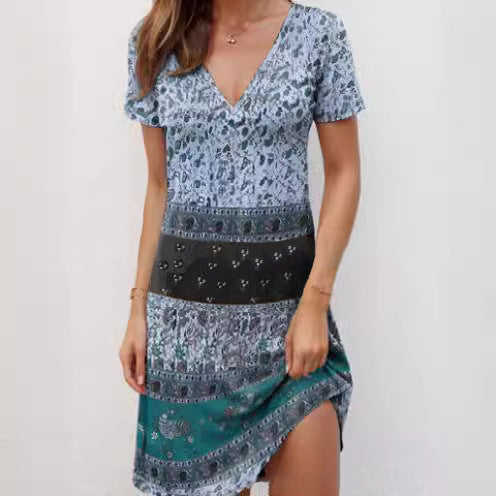 Street Wave Boho Patchwork Cotton Dress Deep V For Women