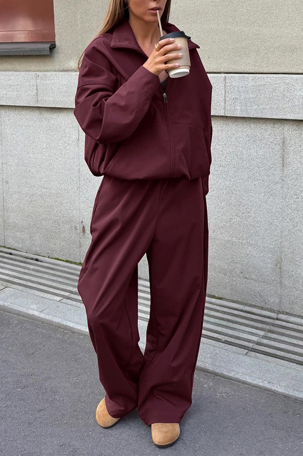Street-wave Burgundy Long Sleeve Trench Coat and High Waisted Slim Fit Pants Set for Women