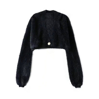 Street-wave Fluffy Short Knit Cardigan With V-Neck And Button Detail For Women Everyday