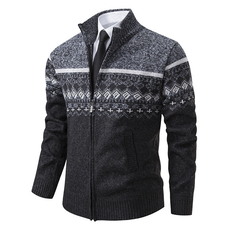 Street-wave Men's Knit Cardigan With Stand Collar And Nordic Pattern In Soft Breathable Wool